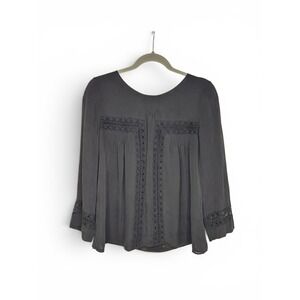 J.Crew Womens 0 Black Silk Blouse Lace Trim Long Sleeve Keyhole Top